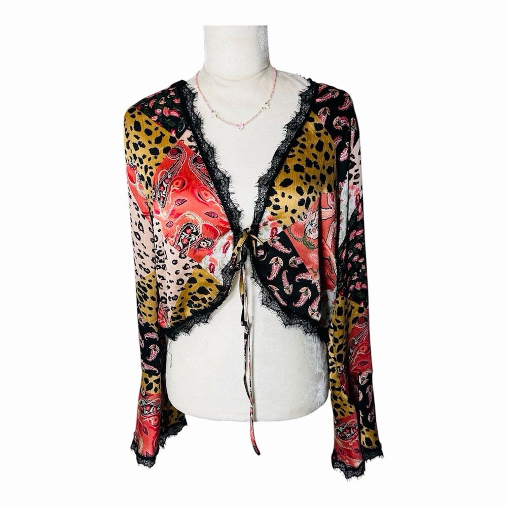 Asos Y2K Whimsy goth Leopard Animal Sheer Mesh Top Crop Fall Flar Long Sleeve L